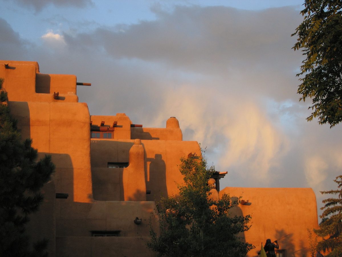Santa Fe adobe architecture at sunset near the Plaza.